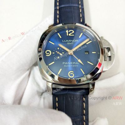 High Quality Panerai Luminor GMT PAM00320 Watch Blue Dial Blue Leather Strap-Best  Replica Panerai Watches